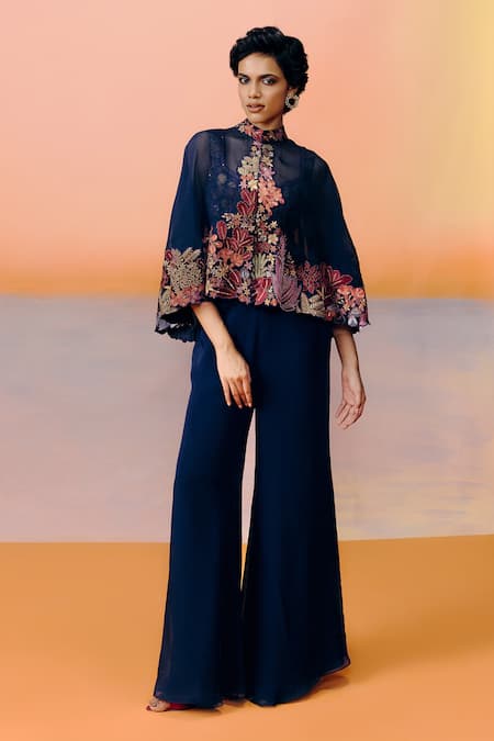Mishru_Blue Organza, Satin Embroidery High Neck, Navy Kalie Cape Set _Online_at_Aza_Fashions