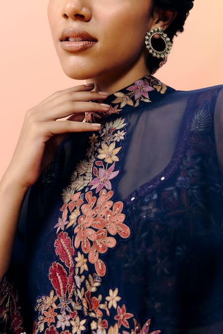 Buy_Mishru_Blue Organza, Satin Embroidery High Neck, Navy Kalie Cape Set _Online_at_Aza_Fashions