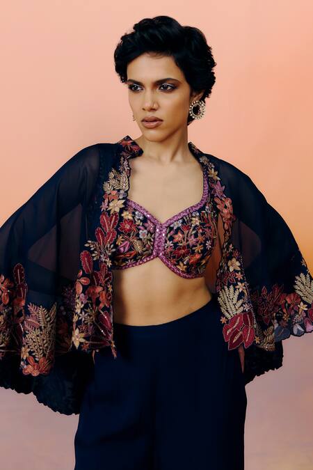 Shop_Mishru_Blue Organza, Satin Embroidery High Neck, Navy Kalie Cape Set _Online_at_Aza_Fashions
