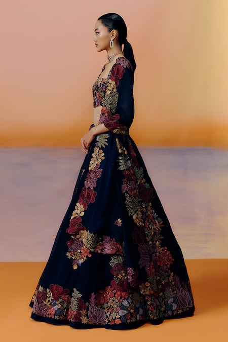 Mishru Floral Embroidered Black Lehenga Set 