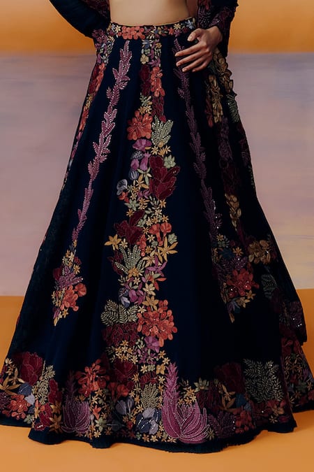 Mishru Black Organza, Chiffon Embroidery Square Neck Floral Lehenga Set Online at Aza Fashions Mishru_Black Organza, Chiffon Embroidery Square Neck Floral Lehenga Set _Online_at_Aza_Fashions