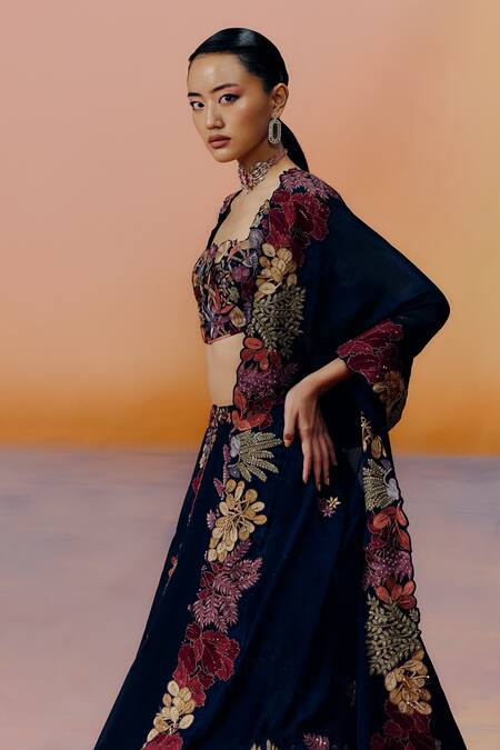 Buy Mishru Black Organza, Chiffon Embroidery Square Neck Floral Lehenga Set Online at Aza Fashions Buy_Mishru_Black Organza, Chiffon Embroidery Square Neck Floral Lehenga Set _Online_at_Aza_Fashions