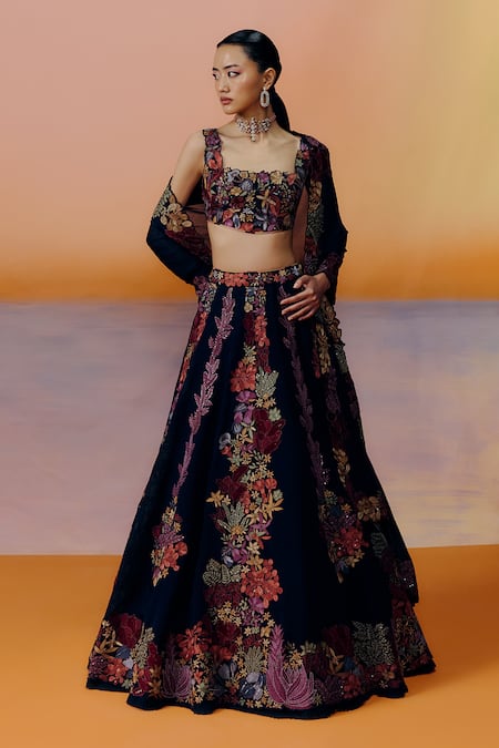 Mishru Floral Embroidered Black Lehenga Set 