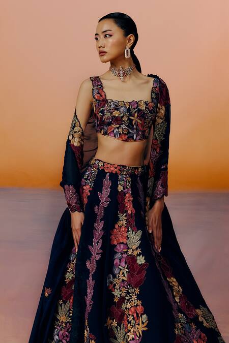 Shop Mishru Black Organza, Chiffon Embroidery Square Neck Floral Lehenga Set Online at Aza Fashions Shop_Mishru_Black Organza, Chiffon Embroidery Square Neck Floral Lehenga Set _Online_at_Aza_Fashions