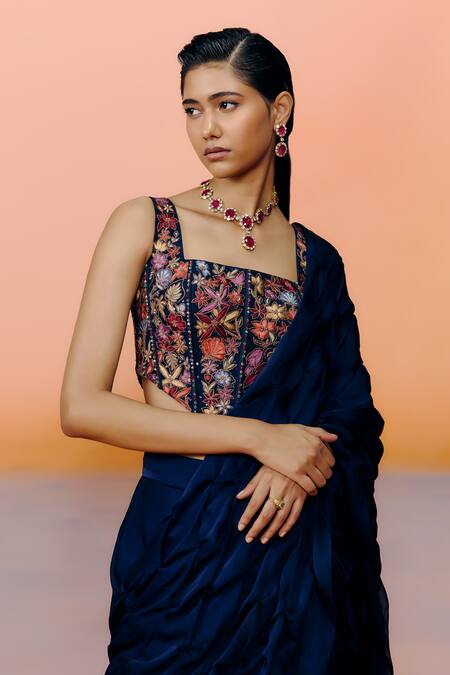 Mishru Blue Organza Embroidery Square Neck Designer Yuki Navy Saree And Blouse Online at Aza Fashions Mishru_Blue Organza Embroidery Square Neck Designer Yuki Navy Saree And Blouse _Online_at_Aza_Fashions