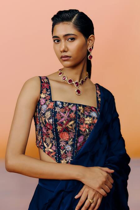 Buy Mishru Blue Organza Embroidery Square Neck Designer Yuki Navy Saree And Blouse Online at Aza Fashions Buy_Mishru_Blue Organza Embroidery Square Neck Designer Yuki Navy Saree And Blouse _Online_at_Aza_Fashions