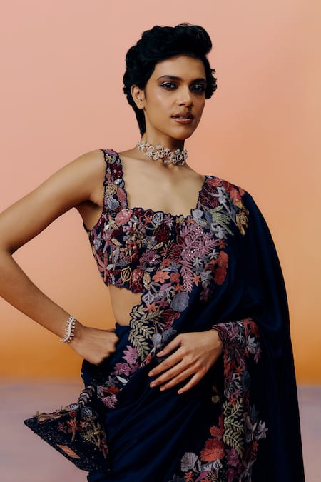 Mishru_Blue Silk Embroidery Square Neck Nysa Designer Saree Set _Online_at_Aza_Fashions