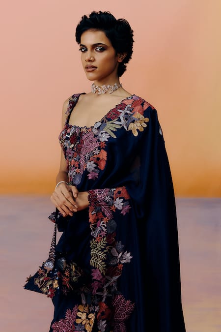 Buy_Mishru_Blue Silk Embroidery Square Neck Nysa Designer Saree Set _Online_at_Aza_Fashions