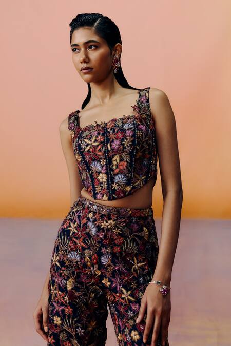 Buy_Mishru_Navy Organza, Chiffon Embroidery Square Neck Blue Floral Pants Set _Online_at_Aza_Fashions