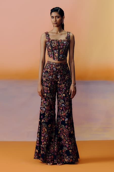 Shop_Mishru_Navy Organza, Chiffon Embroidery Square Neck Blue Floral Pants Set _Online_at_Aza_Fashions