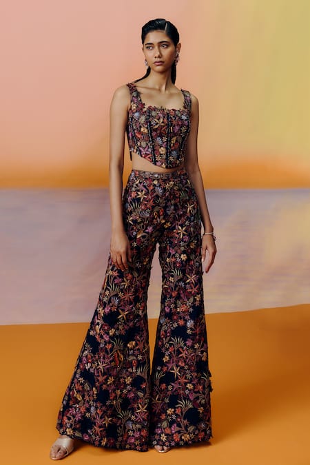 Mishru Navy Blue Floral Embroidered Pants Set 