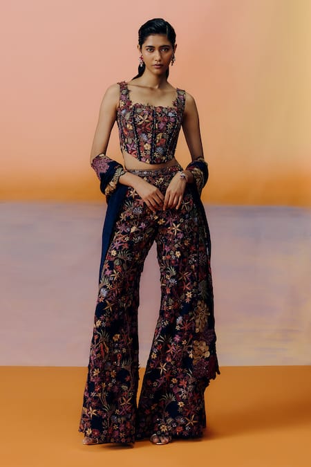 Mishru Navy Blue Floral Embroidered Pants Set 
