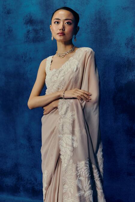 Mishru_Gold Organza Embroidery Square Neck Champagne Rizi Saree Set _Online_at_Aza_Fashions