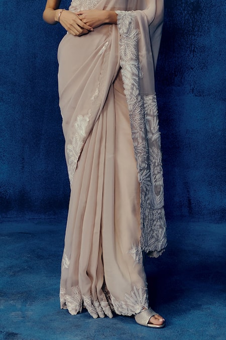 Buy_Mishru_Gold Organza Embroidery Square Neck Champagne Rizi Saree Set _Online_at_Aza_Fashions