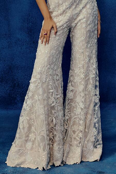 Mishru Ivory Tulle Embroidery Square Neck Dasha Jumpsuit Online at Aza Fashions Mishru_Ivory Tulle Embroidery Square Neck Dasha Jumpsuit _Online_at_Aza_Fashions