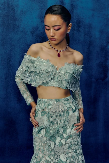 Mishru_Mint Tulle Embroidery Off-shoulder Green Josie Skirt Set _Online_at_Aza_Fashions