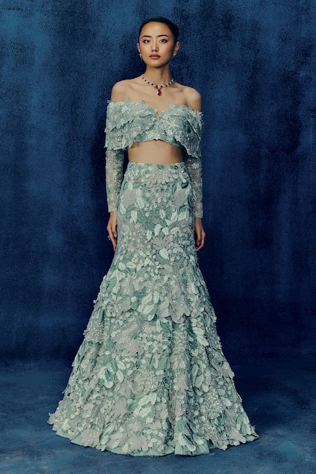 Buy_Mishru_Mint Tulle Embroidery Off-shoulder Green Josie Skirt Set _Online_at_Aza_Fashions