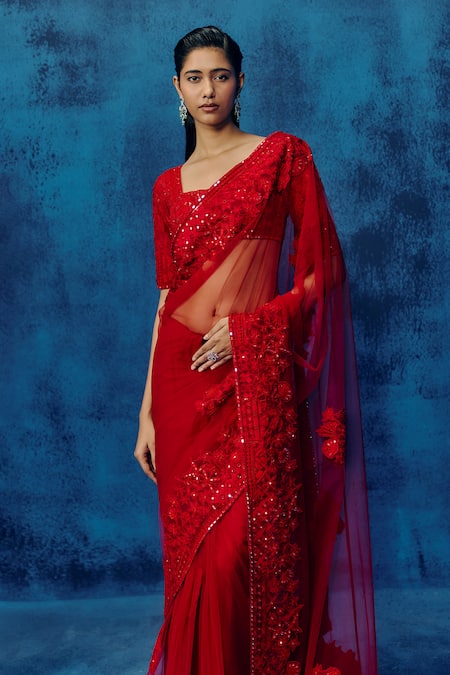 Mishru Bella Red Tulle Saree Set 
