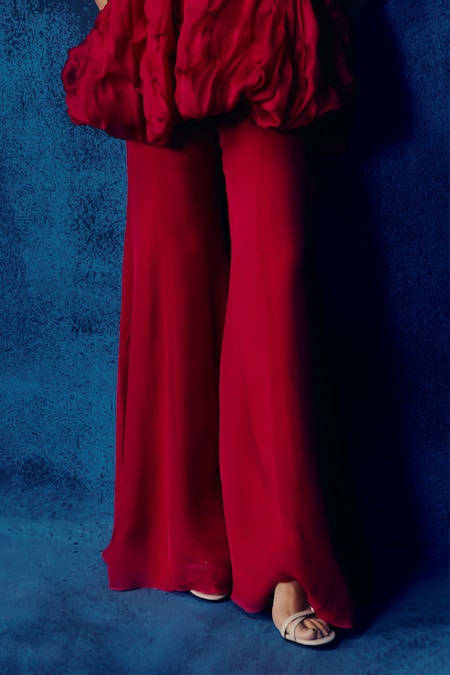 Mishru_Fuchsia Organza Applique, Ruffles Square Neck Peplum Top And Pant Set _Online_at_Aza_Fashions