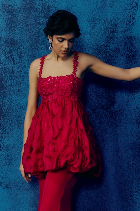 Buy_Mishru_Fuchsia Organza Applique, Ruffles Square Neck Peplum Top And Pant Set _Online_at_Aza_Fashions