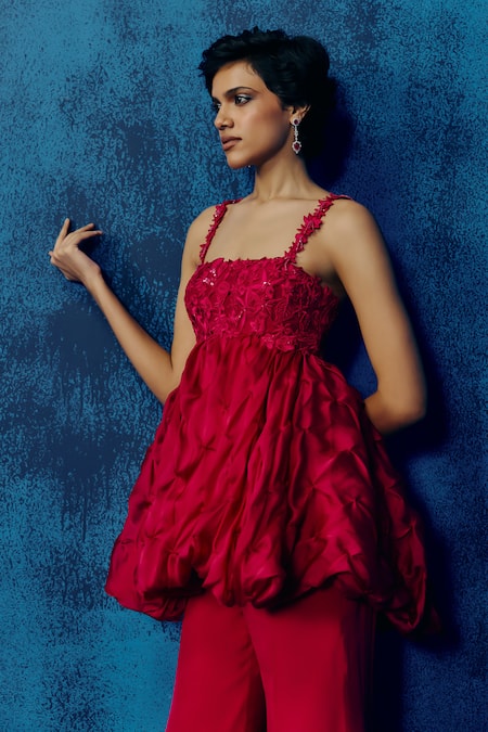 Shop_Mishru_Fuchsia Organza Applique, Ruffles Square Neck Peplum Top And Pant Set _Online_at_Aza_Fashions