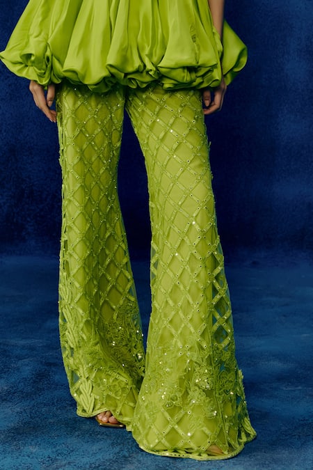 Mishru_Lime Organza, Tulle Embroidery Off-shoulder Green Rita Peplum Set _Online_at_Aza_Fashions