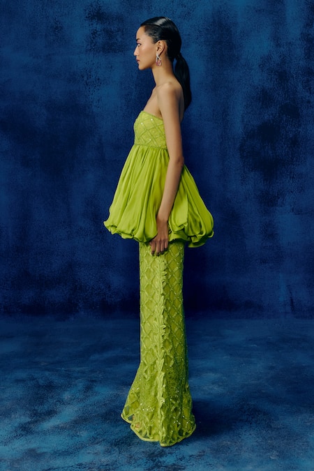 Buy_Mishru_Lime Organza, Tulle Embroidery Off-shoulder Green Rita Peplum Set _Online_at_Aza_Fashions