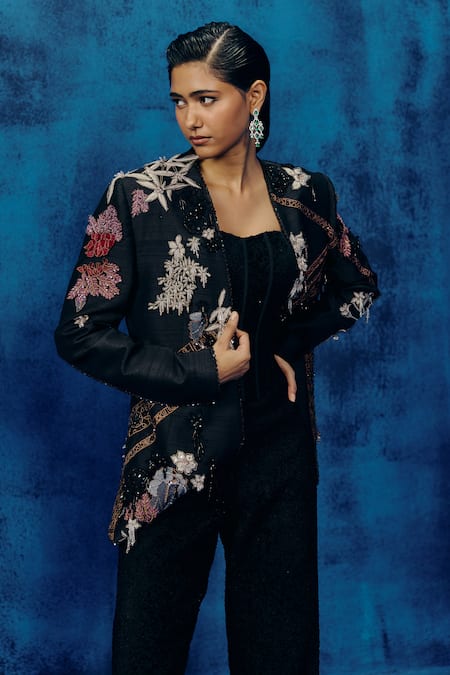Mishru_Black Silk, Tweed Embroidery Square Neck Rini Designer Blazer Set _Online_at_Aza_Fashions