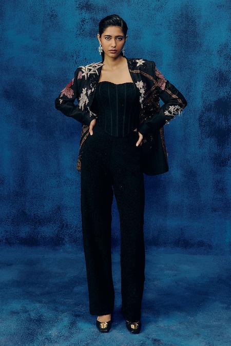 Buy_Mishru_Black Silk, Tweed Embroidery Square Neck Rini Designer Blazer Set _Online_at_Aza_Fashions