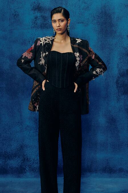 Shop_Mishru_Black Silk, Tweed Embroidery Square Neck Rini Designer Blazer Set _Online_at_Aza_Fashions