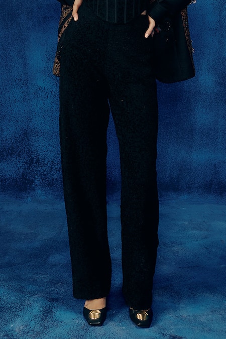 Mishru_Black Silk, Tweed Embroidery Square Neck Rini Designer Blazer Set _at_Aza_Fashions