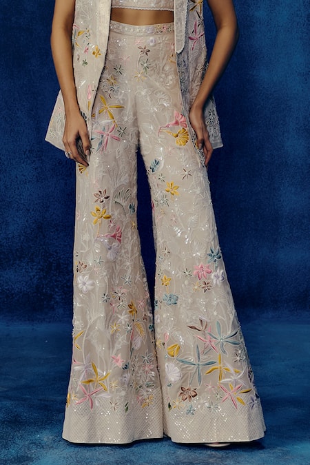 Mishru_Multi Color Organza Embroidery Square Neck Multicolor Sele Blazer Set _Online_at_Aza_Fashions