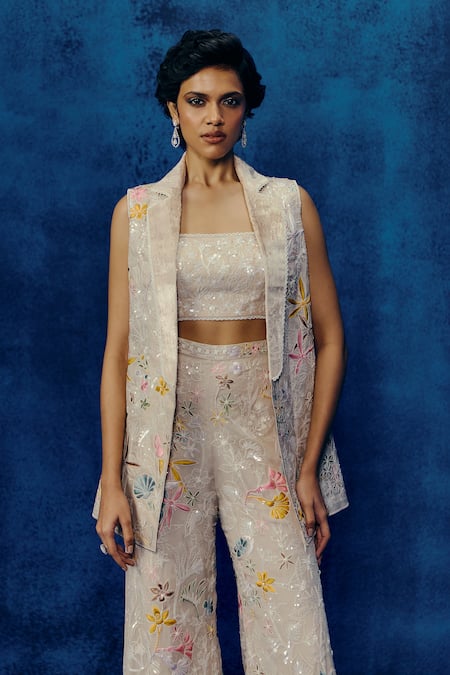 Buy_Mishru_Multi Color Organza Embroidery Square Neck Multicolor Sele Blazer Set _Online_at_Aza_Fashions