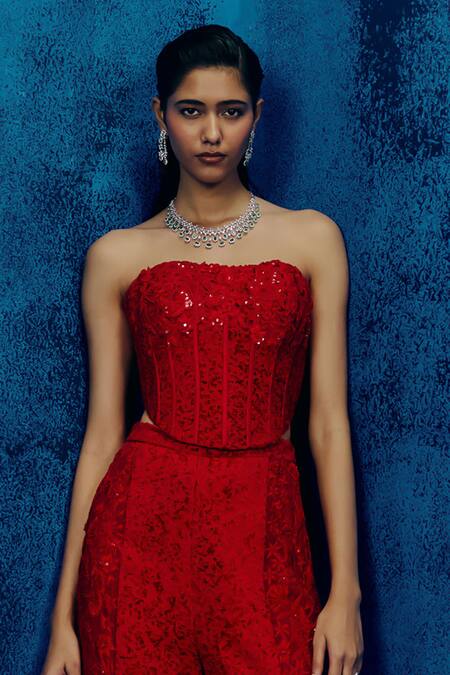 Buy_Mishru_Red Tweed Sequins Square Neck Myna Pants Set _Online_at_Aza_Fashions