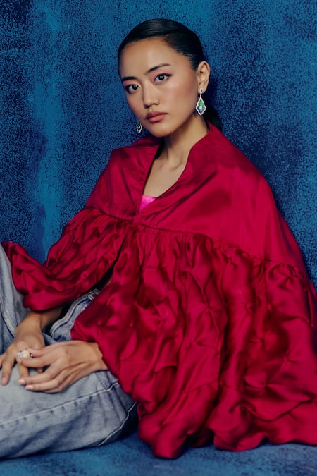 Mishru_Fuchsia Organza V-neck Ruffled Cape Top And Pant Set _Online_at_Aza_Fashions