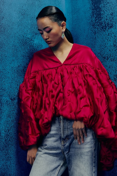 Shop_Mishru_Fuchsia Organza V-neck Ruffled Cape Top And Pant Set _Online_at_Aza_Fashions