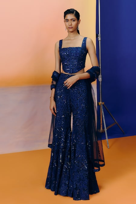 Mishru Navy Tulle Sequins, Embroidery Square Neck Blue Pia Sharara Set Online at Aza Fashions Mishru_Navy Tulle Sequins, Embroidery Square Neck Blue Pia Sharara Set _Online_at_Aza_Fashions