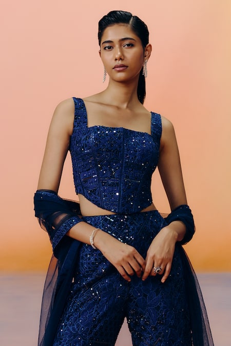 Shop Mishru Navy Tulle Sequins, Embroidery Square Neck Blue Pia Sharara Set Online at Aza Fashions Shop_Mishru_Navy Tulle Sequins, Embroidery Square Neck Blue Pia Sharara Set _Online_at_Aza_Fashions