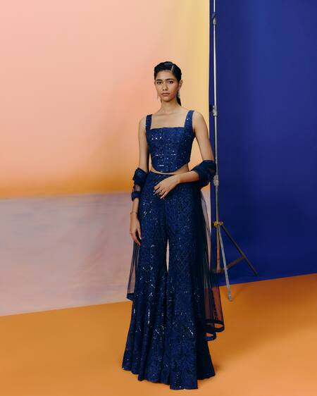 Mishru Navy Tulle Sequins, Embroidery Square Neck Blue Pia Sharara Set at Aza Fashions Mishru_Navy Tulle Sequins, Embroidery Square Neck Blue Pia Sharara Set _at_Aza_Fashions