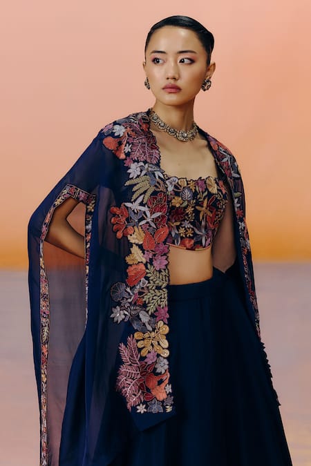 Mishru_Navy Organza Embroidery Open , Square Blue Avi Cape Set _Online_at_Aza_Fashions