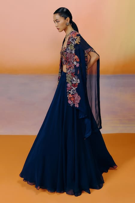 Buy_Mishru_Navy Organza Embroidery Open , Square Blue Avi Cape Set _Online_at_Aza_Fashions
