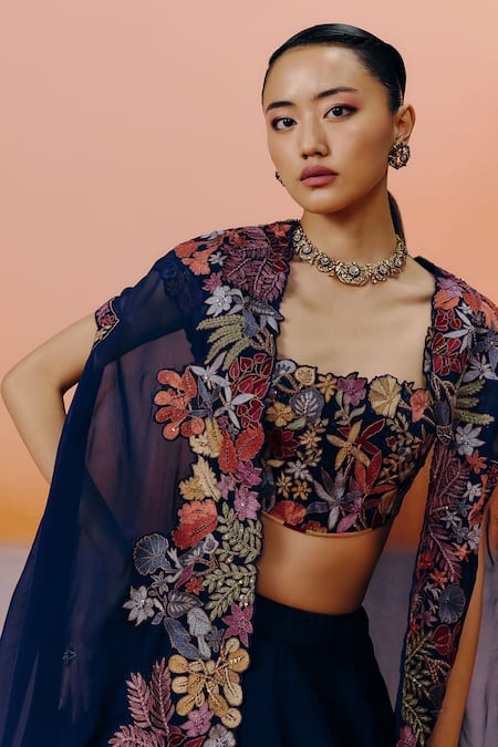 Shop_Mishru_Navy Organza Embroidery Open , Square Blue Avi Cape Set _Online_at_Aza_Fashions