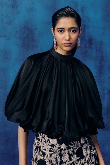 Buy Mishru Black Organza, Silk Embroidery High Neck Puff Sleeve Top And Pant Set Online at Aza Fashions Buy_Mishru_Black Organza, Silk Embroidery High Neck Puff Sleeve Top And Pant Set _Online_at_Aza_Fashions