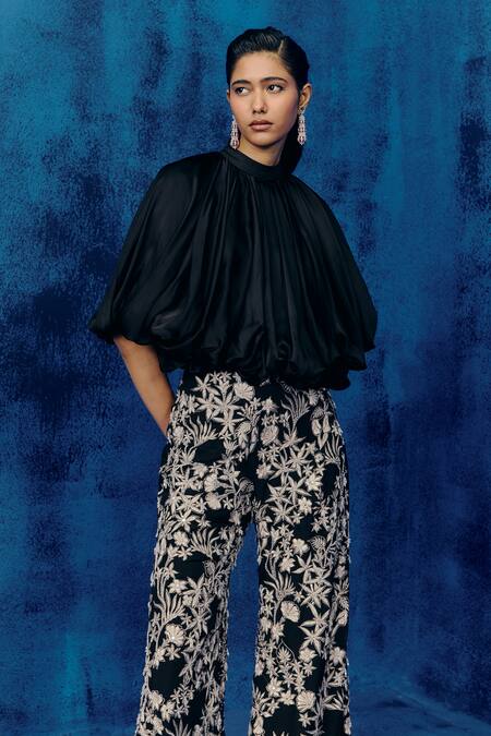 Mishru Black Organza Puff Sleeve Top & Pant Set 