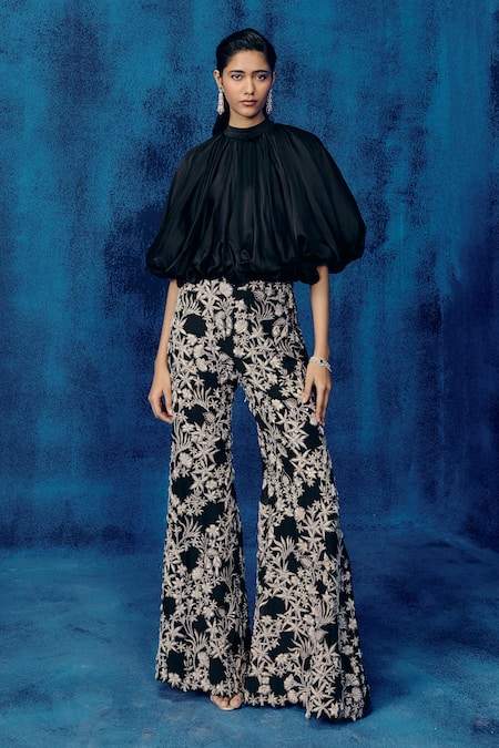 Mishru Black Organza Puff Sleeve Top & Pant Set 