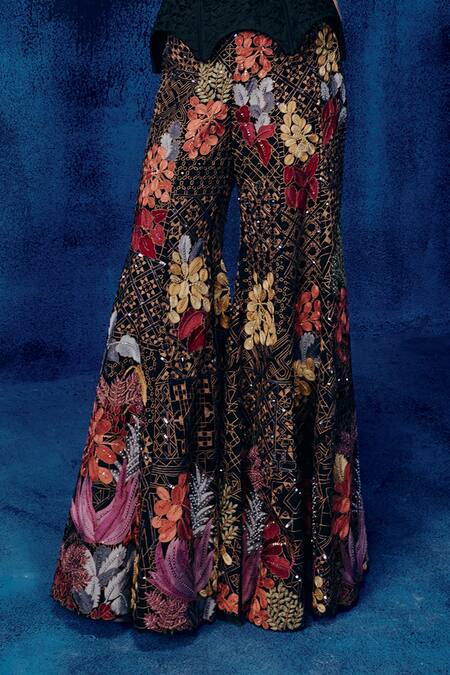 Buy_Mishru_Black Organza Fabric Flowers, Embroidery Open Neck Ole Pants Set _Online_at_Aza_Fashions