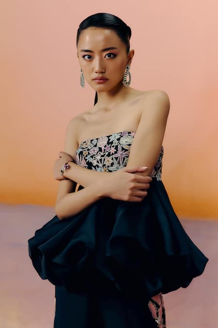 Mishru_Black Organza Embroidery Off-shoulder, Bandeau Neck Designer Maeve Pant Set _Online_at_Aza_Fashions