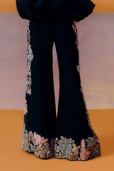 Buy_Mishru_Black Organza Embroidery Off-shoulder, Bandeau Neck Designer Maeve Pant Set _Online_at_Aza_Fashions