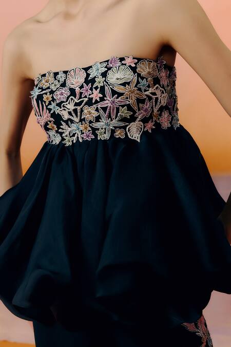 Shop_Mishru_Black Organza Embroidery Off-shoulder, Bandeau Neck Designer Maeve Pant Set _Online_at_Aza_Fashions