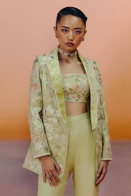 Mishru_Green Organza Embroidery Square Neck Designer Sea Blazer Set _Online_at_Aza_Fashions